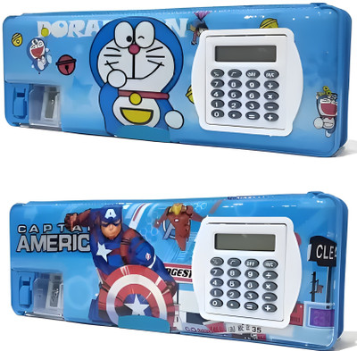 vvn Combo Pack Magnetic Closure Built-in Calculator Integrated Sharpener Cartoon Printed Design Spacious Interior Perfect for Gifting Art Plastic Pencil Box(Set of 2, Blue)
