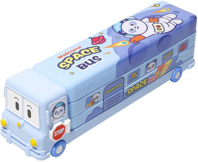 starz Moving Double Decker Metal Bus Pencil Case with Sharpener Space Art Metal Pencil Box(Set of 1, Blue)