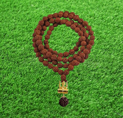 shahinpearlmart Natural 5 Mukhi Rudraksha Mala Chain with Shiv Damru Shiv Shakti Pendant Locket Brass Locket Set