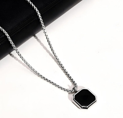 JS Enterprises Trendy Stylish Unisex Black Onyx Octagon Inlay Square Pendant For Men Women Silver Stainless Steel Pendant