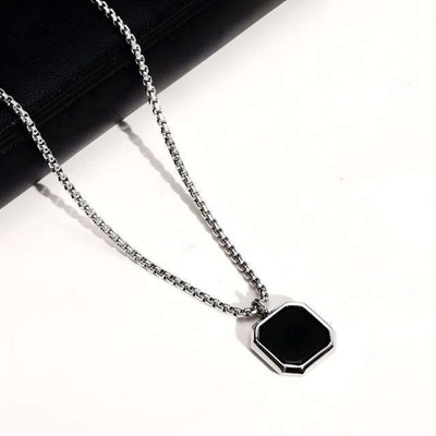 m a enterprises Stylish Black Square Natural Stone Pendant Locket With silver Box Chain Sterling Silver Alloy, Stainless Steel Pendant
