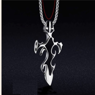 Ruhi Collection Men's Punk Hip Hop Flame Cross Pendant Necklace Silver Alloy, Stainless Steel Pendant Set