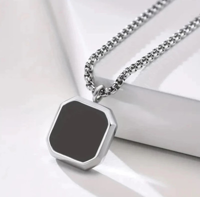 Malas Collection Men And Women Black Onyx Octagon Inlay Square Pendant Amulet Silver Stainless Steel Pendant