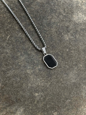 Teeragaj Funky Geometric Black Rectangular Natural Stone Locket Pendant With Box Chain Silver Stainless Steel Pendant