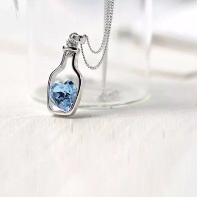 Agarwalproduct Ocean Blue Crystal Locket Bottle Pendant Chain Silver Alloy Locket Set Rhodium Alloy Pendant Set