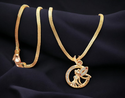 DIVS FASHION GIRL IN ROUND SHAPED DEIGNER PENDANT WITH CHAIN Gold-plated Brass Pendant