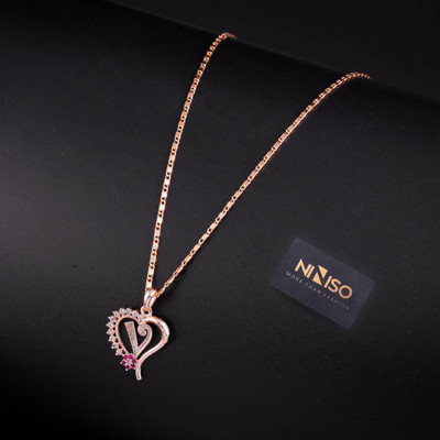 NINISO Heart Shape Alphabet Letter V Rhodium Cubic Zirconia Alloy Locket Set