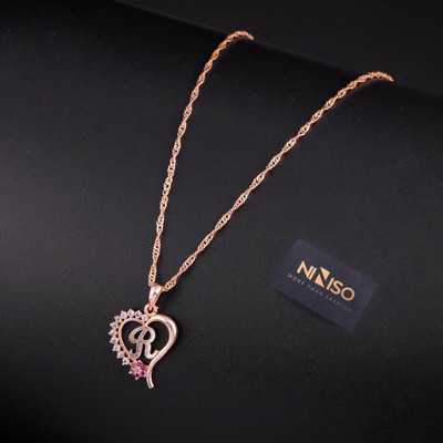 NINISO Heart Shape Alphabet Letter R Rhodium Cubic Zirconia Alloy Pendant Set