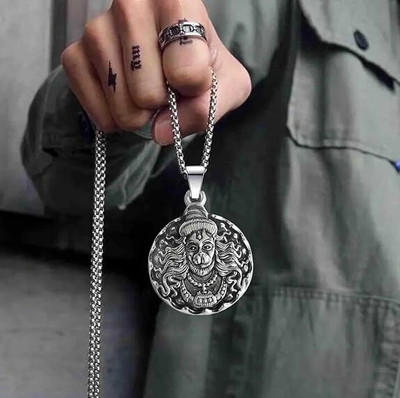 m a enterprises Men's Silver Chain with Religious Hindu Hanuman Pendant Rhodium, Silver, Black Silver Alloy, Stainless Steel Locket