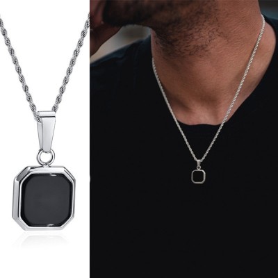 Syfer Black Onyx Octagon Inlay Square Pendant/Necklace, Men Black Onyx Amulet Pendant Silver Agate Stainless Steel Pendant