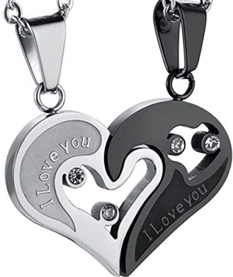 Agarwalproduct Two Half Heart Shape Love Pendant Chain Jewellery for Lovers / Couples Locket Rhodium Alloy Pendant Set