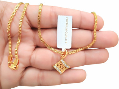 SAPNAPALACE SQAURE STYLISH TINY SIZE GOLD LOCKET WITH 2 LINE CHAIN Gold-plated Diamond Brass Pendant Set