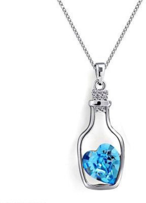 Agarwalproduct Ocean Blue Crystal Locket Glass Bottle Pendant Necklace in Silver Chain Rhodium Alloy Pendant Set