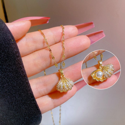 AMRHA Elegant Cubic Zirconia Stones Shell Openable Pearl Necklace Gold-plated Stainless Steel Pendant Set