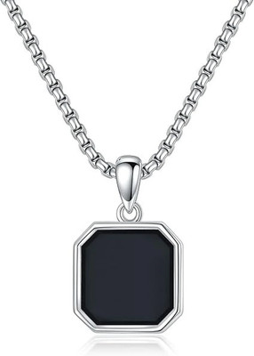 vs unique collections Black Geometric Square Natural Gem Stone Locket Pendant With Silver Box Chain Silver Stainless Steel Pendant Set