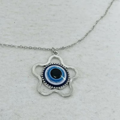 GUNGUN Evil Eye Blue Star Flower Charm Amulet Necklace For Women Sterling Silver Stainless Steel Locket