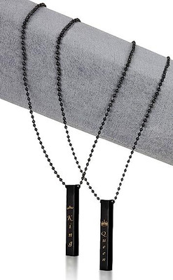 ruby collection Stylish Black 3D Vertical Bar King Queen Stick Pendant Necklace Silver Rhodium Stainless Steel Pendant Set