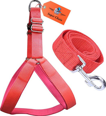 SUPER CHAIN Nylon Adjustable Leash with Padded Harness Dog Harness & Leash(Small, Red)