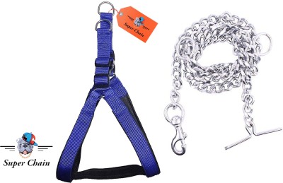 SUPER CHAIN Harness Padded, Leash (Chain) Adjustable, Combo Set Dog Collar & Leash(Large, Blue)