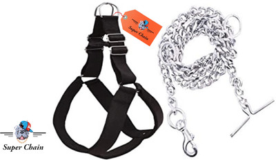 SUPER CHAIN Harness Padded, Leash (Chain) Adjustable, Combo Set Dog Collar & Leash(Large, Black)