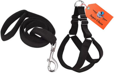 SUPER CHAIN Nylon Adjustable Leash with Padded Harness Dog Harness & Leash(Extra Large, Black)