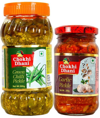 Chokhi Dhani Green Chilli Pickle 500g, Garlic Pickle 200g | Spicy & Tasty | Combo Pack 700g Green Chilli Pickle(2 x 350 g)