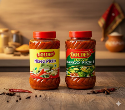 Golden Mix Pickle & Mango Pickle, 100 % Natural, Taste of Home Mango, Lemon, Carrot, Green Chilli Pickle(2 x 400 g)