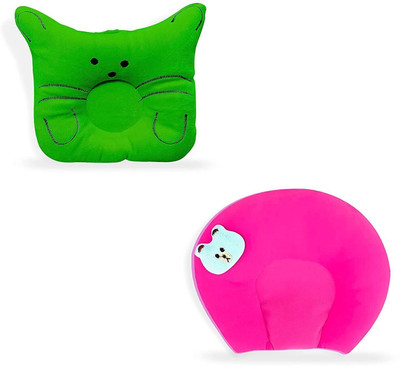 Little Bloom Cotton, Mustard Seeds Baby Pillow Pack of 2 Animals(Green Cat & Pink)