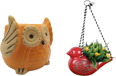 Sage Ceramic Hanging Bird Shape Pot With Owl Shape Pot/Planter-Pack of 2 Plant Container Set(Pack of 2, Ceramic)