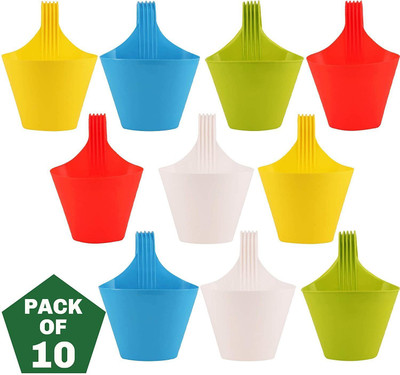 Virkart Hanging/Railing Pots for Plants and Flower Pots Planter Ideal for Outdoor Balcony Plant Container Set(Pack of 10, Plastic)
