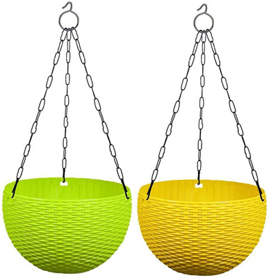 WEARKNOTS Rattan Hanging Pot Holder With Secure Chains Plant Container Set(Pack of 2, Plastic)