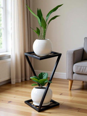 VINAMRA28 Z Shape Plant Stand/Flower Shelf for Garden/Balcony/ Corner Display/Double Decker Window Planted Stand-Set of 1, Black Plant Container Set(Metal)