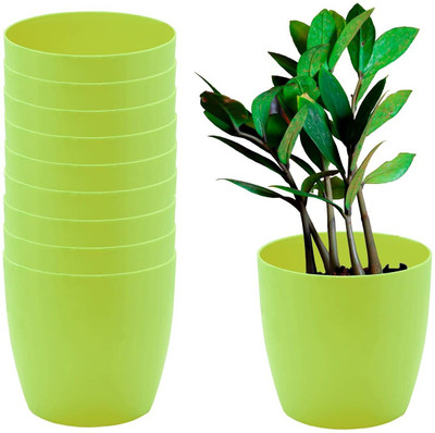 CACTUS VARIETIES Round Premium Grade Plastic Pot 5.3 INCH Size for Indoor Plants/ Office USE/ Desktop Pot. (Green) Plant Container Set(Pack of 10, Plastic)