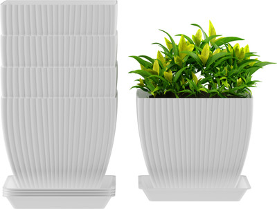 FORWAY 7 inch Square Flower Pots Outdoor Indoor, Planters with Drainage Hole and Tray Plant Container Set(Pack of 5, Plastic)
