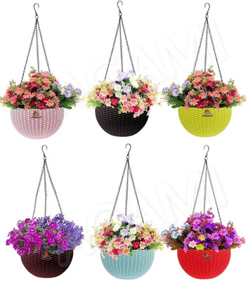 ShopGlobal Premium Look 7' Size Woven Design Rattan Hanging Basket Pots for Flower and Plants Plant Container Set(Pack of 6, Plastic)