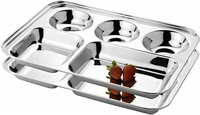BGT Stainless Steel 5in1 Compartment/ Partition Plate/ Bhojan Thali for Dinner/Lunch Sectioned Plate(Pack of 2)