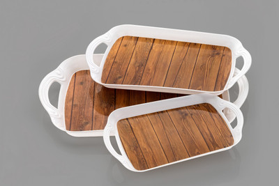 Finner Rectangular Serving Tray Set, X-Large, Large, Medium, Wood Printed White Handle Tray(Pack of 3)