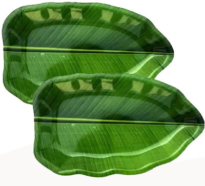 circlebits Sauccer Melamine ANTI DUST COATING Green Banana Leaf shape TRAY plates 22 Cm Tray(Pack of 2)