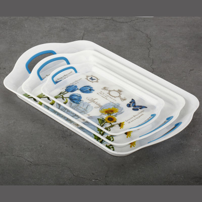 RG GROUP Plastic Printed Rectangular Serving Tray with Handle for Serving Tea & etc. Tray(Pack of 3, Microwave Safe)
