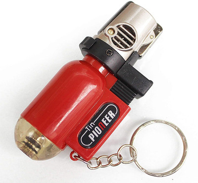 VIOVI Cylindrical Shape Red Key Chain Lighter Windproof Jet Flame Strong Body Gas Refillable Lighter with Fixed Fire Switch Pocket Lighter(Red)