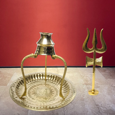 DARIDRA BHANJAN Shivling stand,om plate with brass trishul for shivratri puja,shivling jal stand Decorative Showpiece  -  12 cm(Brass, Gold)
