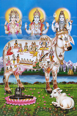 Kamdhenu Cow with Brahma Vishnu Mahesh/Shiva Giving Blessing Poster Paper Print(18 inch X 12 inch, Rolled with safety tube)