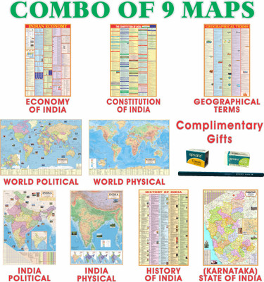 India & World Map (Both Political & Physical) Karnataka with Constitution of India , Indian History , Indian Economy & Geographical Terms Chart With Complimentary Gift| Maps Size: (40 X 28 inch) (23 X 36 inch)|Set Of 9 | Useful for UPSC and other competitive exam preparation Paper Print(28 inch X 40