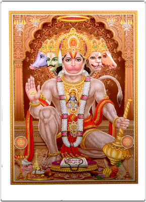 Panchmukhi Hanuman Ji UV Golden Glitter Poster | Orange Background Devotional Wall Art | Frameable Religious Poster for Home, Temple & Office Decor Paper Print(28 inch X 20 inch, Rolled)