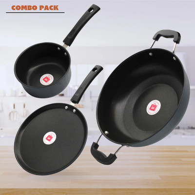 LAZYwindow LAZYwindow Premium Quality Nonstick Tawa And Kadhai Sauce Pan 16 cm diameter with Lid 1.5 L capacity(Hard Anodised, Non-stick, Induction Bottom)