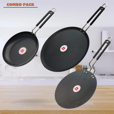 LAZYwindow Traditional Iron Fry Pan (Induction base) And Tawa with insulated Handle Induction Bottom Cookware Set(Iron, 3 - Piece)
