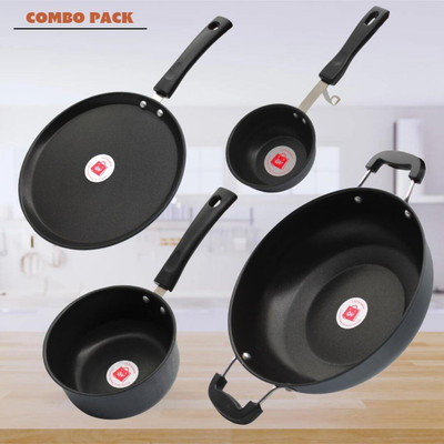 LAZYwindow Premium Quality Nonstick Tadka Pan/Souce Pan/Tawa And Kadhai 4 Combo Pack Tadka Pan 11 cm diameter 0.25 L capacity(Hard Anodised, Non-stick, Induction Bottom)