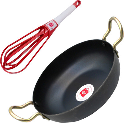 Traditional Iron Kadai & Foldable Plastic Whisker Hand Blender Kadhai 19 cm diameter 1 L capacity(Iron, Induction Bottom)