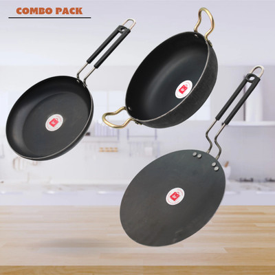 LAZYwindow Traditional Iron Fry Pan, Tawa And Deep Bottom Kadhai Induction Bottom Cookware Set(Iron, 3 - Piece)