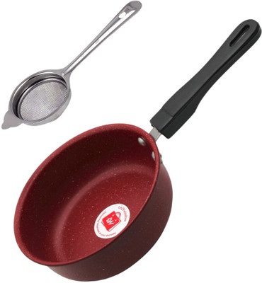 LAZYwindow Superior Quality Nonstick Baby Sauce Pan/Frying Pan & Tea Stainer Pot 17 cm diameter 1 L capacity(Hard Anodised, Non-stick, Induction Bottom)